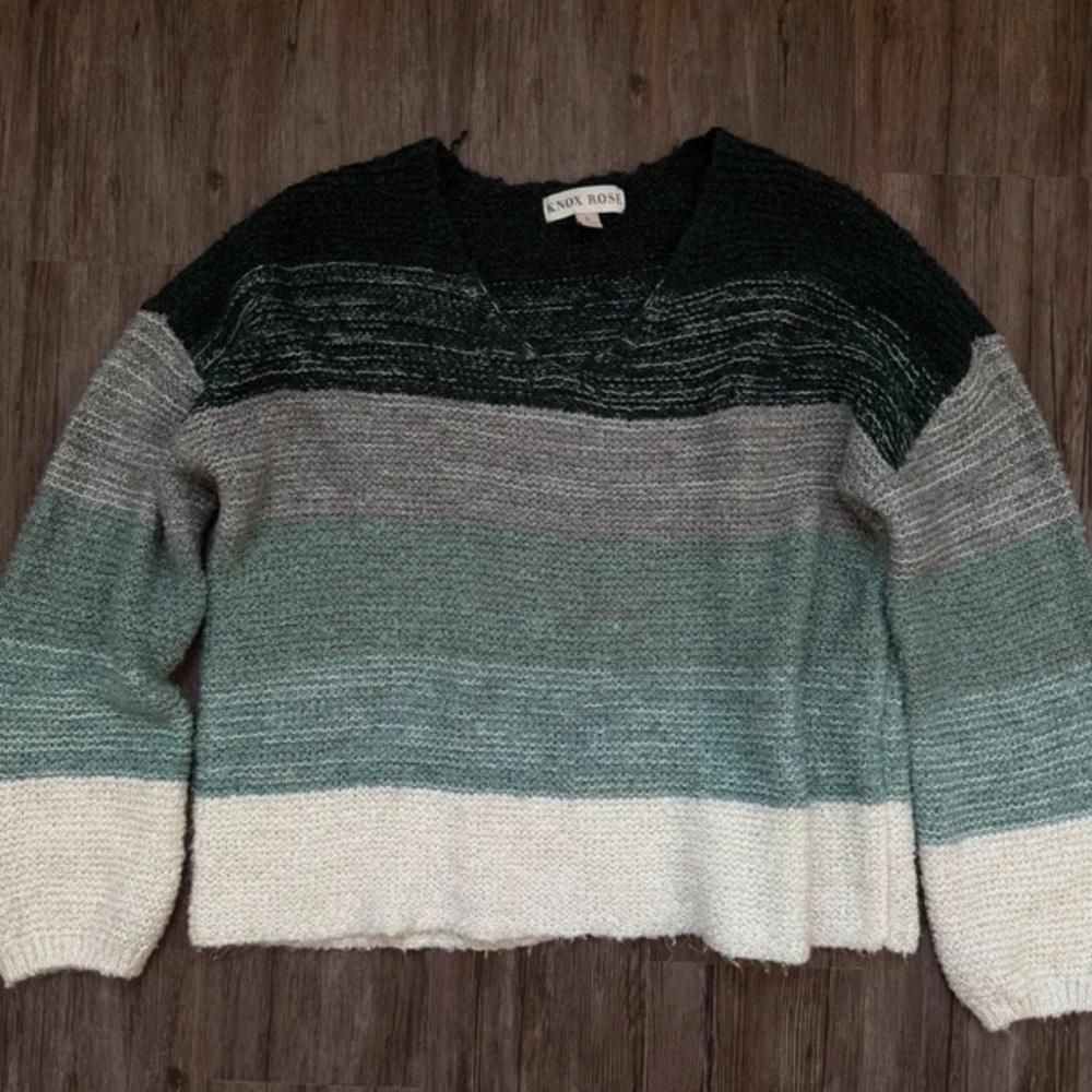 Knox Rose Striped Crewneck Sweater in Dark Green, Gray, Sage & Cream
